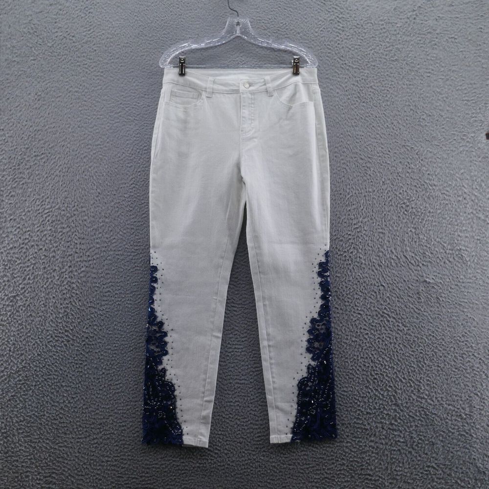 Soft Surroundings Parisa Beaded Lace‎ Ankle Jeans 8 White Blue Embellished - Picture 3 of 14